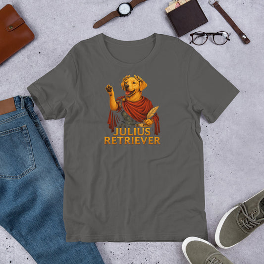 "Julius Retriever" - Funny Labrador T-Shirt Gray t-shirt with 'Julius Retriever' graphic on a concrete surface with jeans, shoes, and accessories.