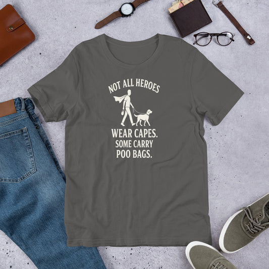 "Not All Heroes Wear Capes" - Fun Labrador T-Shirt Gray t-shirt with a printed design and text on a concrete surface with jeans, shoes, and accessories.