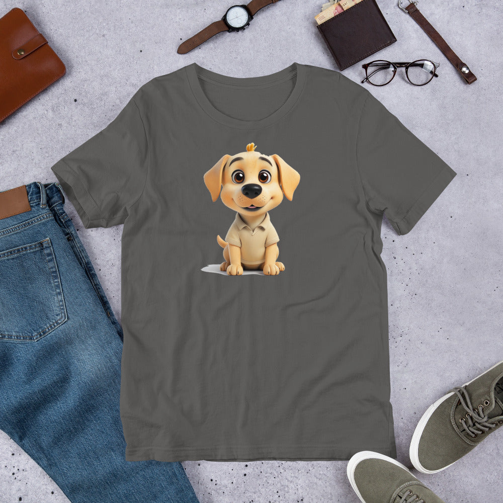 "Smiling Labrador Sitting" - Fun Labrador T-Shirt Gray t-shirt with a cartoon dog design on a gray surface with jeans, shoes, and accessories.