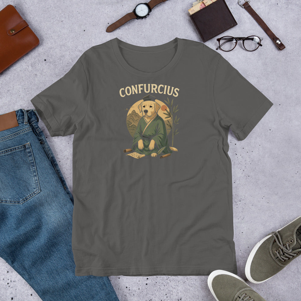 "Confurcius " – Fun Labrador T-Shirt Gray t-shirt with Confucius graphic on a concrete surface with jeans, shoes, and accessories.
