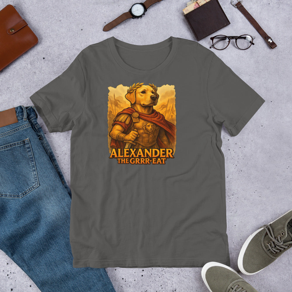 "Alexander The Grrr eat " – Fun Labrador T-Shirt Gray t-shirt with 'Alexander The Grrr-Eat' graphic on a concrete surface with jeans, shoes, and accessories.