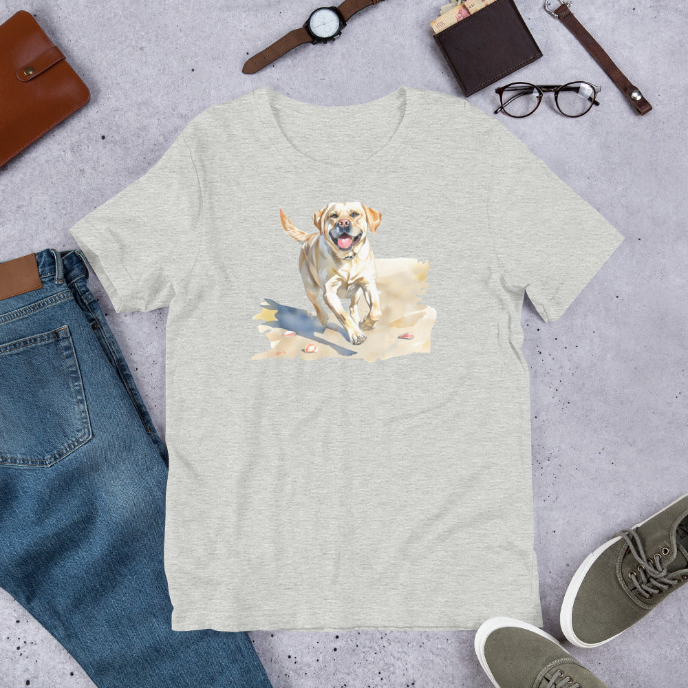 "Lab On A Beach " - Fun Labrador T-Shirt Gray t-shirt with a dog graphic on a gray surface with jeans, shoes, and accessories.