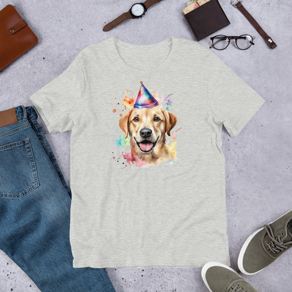 "Party Hat Lab " - Fun Labrador T-Shirt Gray t-shirt with a dog wearing a party hat design, surrounded by jeans, shoes, and accessories on a gray surface.