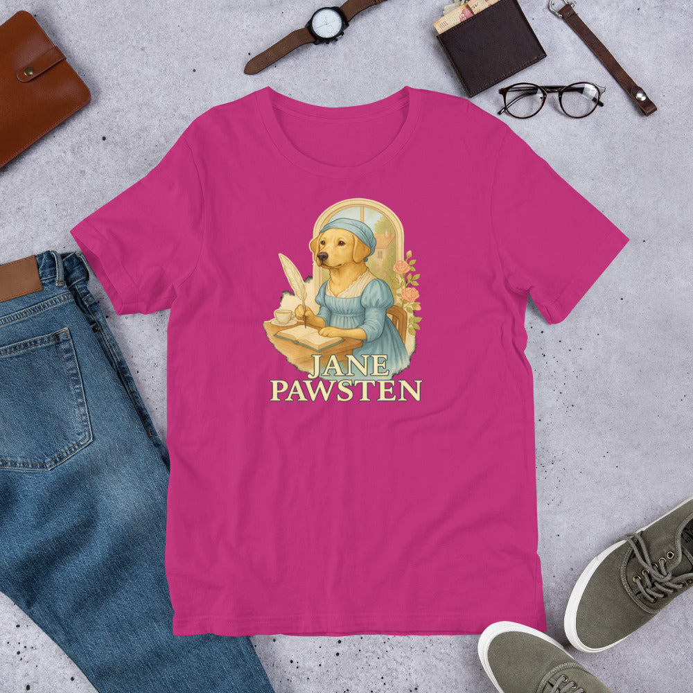 "Jane Pawsten" - Fun Labrador T-Shirt Pink t-shirt with 'Jane Pawsten' design featuring a dog and woman, surrounded by jeans, shoes, and accessories on a concrete surface.