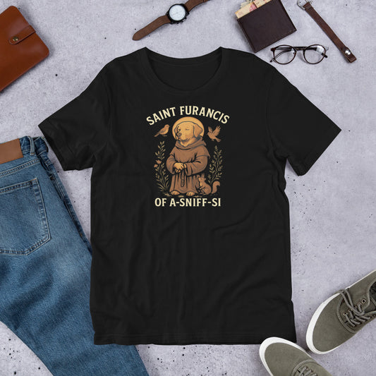 "Saint Furances Of A-Sniff-Si " – Fun Labrador T-Shirt Black t-shirt with 'Saint Furancis of a Sniff-si' graphic on a concrete surface with jeans, shoes, and accessories.