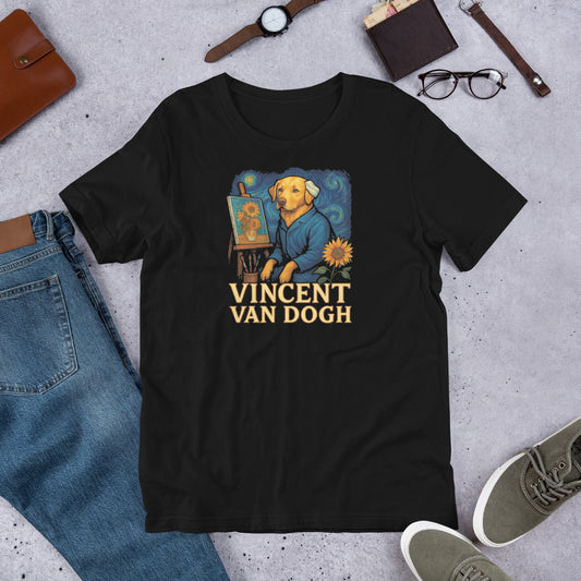 "Vincent Van Dogh " – Fun Labrador T-Shirt Black t-shirt with 'Vincent Van Dogh' graphic design on a concrete surface with jeans, shoes, and accessories.