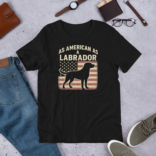 As American As A Labrador - Fun Labrador Tee Black t-shirt with 'As American as a Labrador' graphic on a concrete surface with jeans, shoes, and accessories.