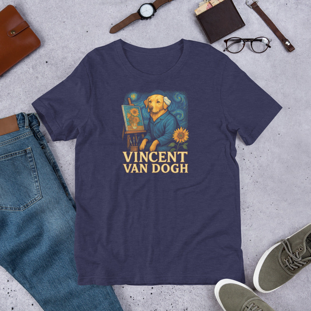 "Vincent Van Dogh " – Fun Labrador T-Shirt Navy blue t-shirt with 'Vincent Van Dogh' graphic design on a concrete surface with casual items.