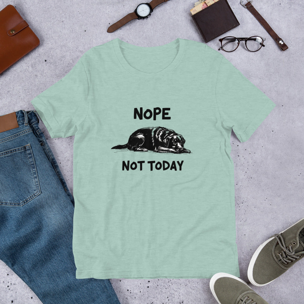Yellow t-shirt with an illustration of a sleeping black Labrador and the text “Nope Not Today.” Laid out flat with sneakers and accessories. A fun gift for Labrador owners and dog parent apparel fans.
