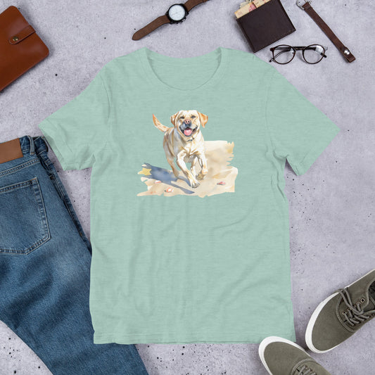 "Lab On A Beach " - Fun Labrador T-Shirt Mint green t-shirt with a dog graphic on a gray surface with jeans, shoes, and accessories.