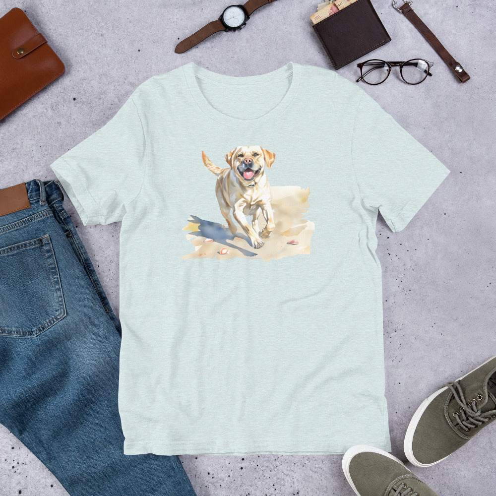 "Lab On A Beach " - Fun Labrador T-Shirt Light blue t-shirt with a dog graphic on a gray surface with jeans, shoes, and accessories.