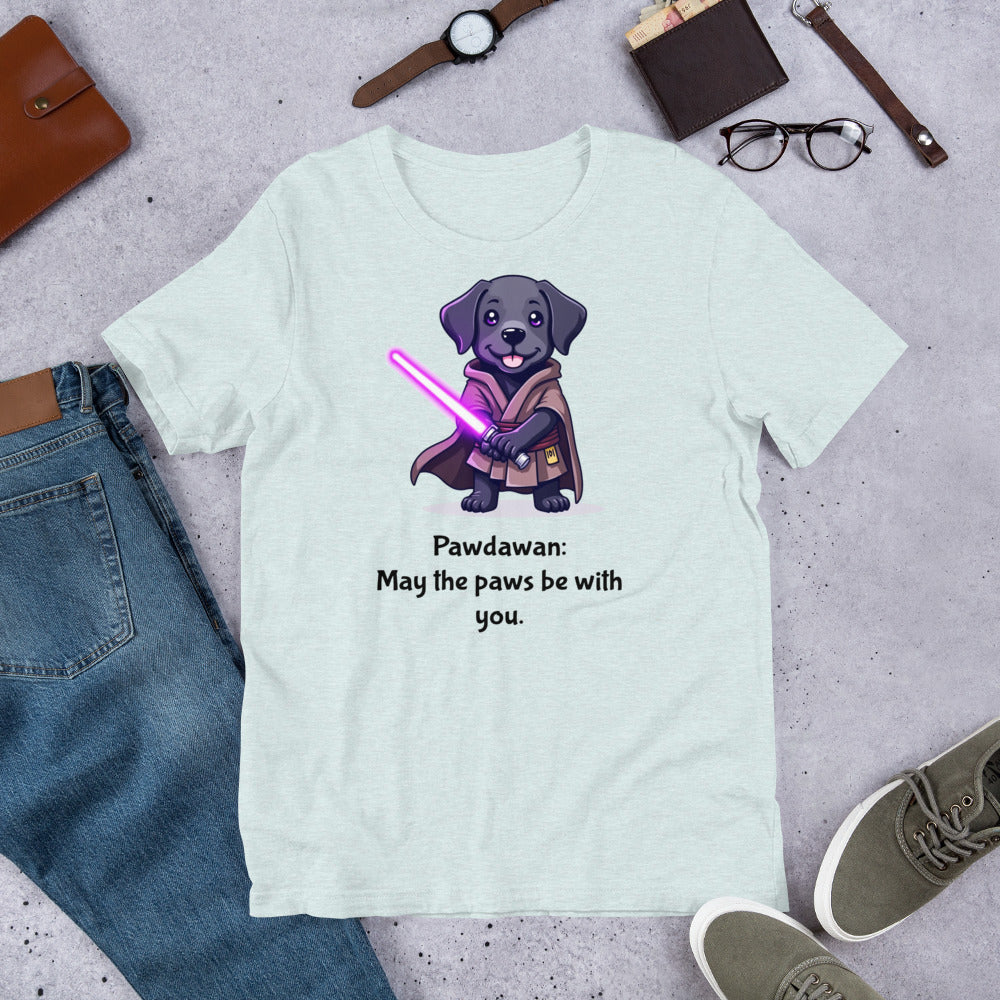 "Pawdawan " - Fun Labrador T-Shirt Light blue t-shirt with a dog in a cape holding a lightsaber graphic and text, surrounded by jeans, shoes, and accessories on a gray surface.