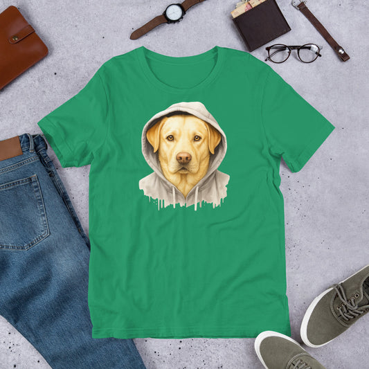 "Yellow Labrador In A Hoodie " – Fun Labrador T-Shirt Green t-shirt with a dog in a hoodie graphic on a gray surface with jeans, shoes, and accessories.