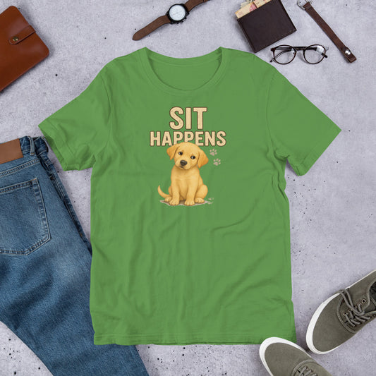 "Sit Happens " – Fun Labrador T-Shirt Green t-shirt with a dog graphic and 'Sit Happens' text on a concrete surface with casual items.