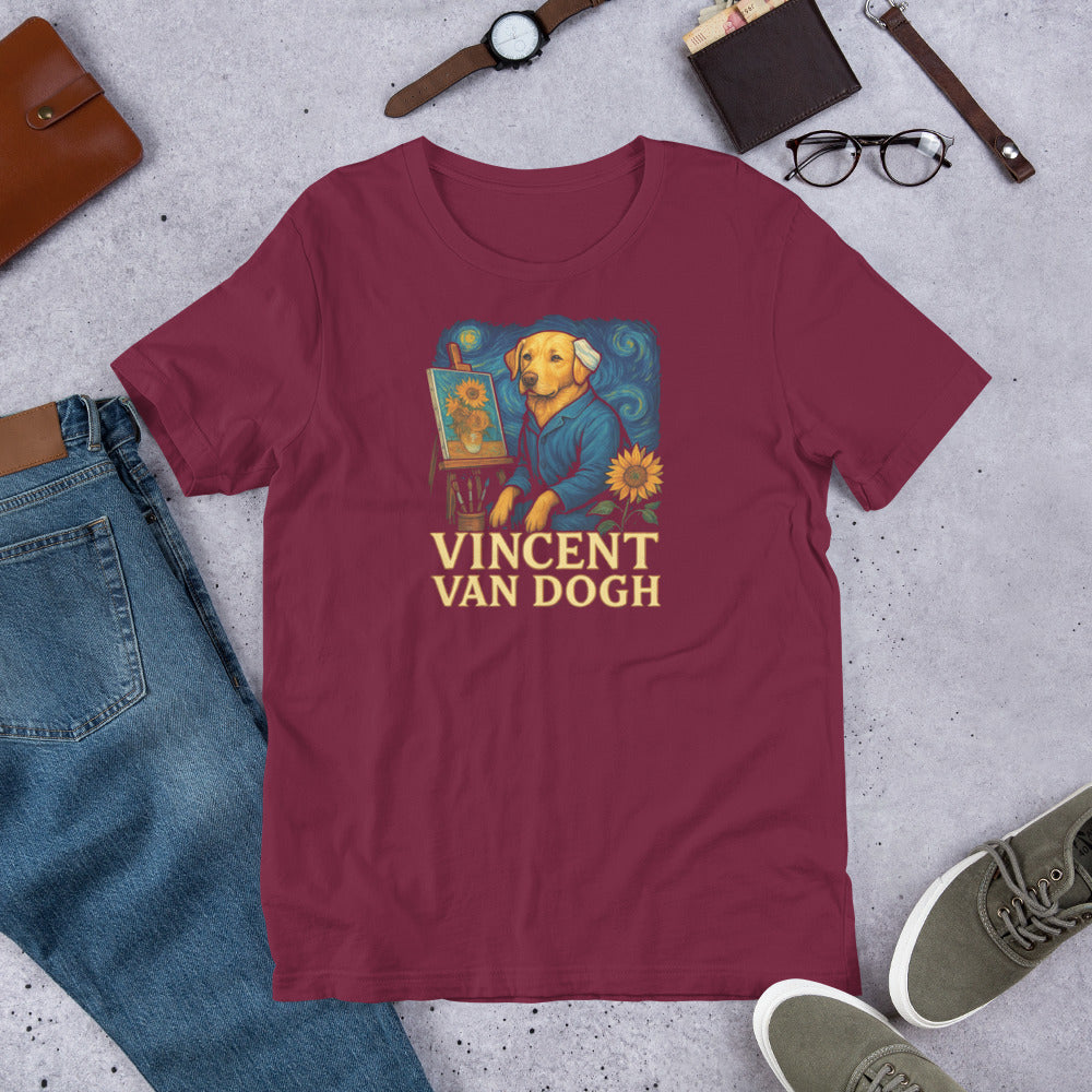 "Vincent Van Dogh " – Fun Labrador T-Shirt Maroon t-shirt with 'Vincent Van Dogh' graphic design on a concrete surface with casual items.