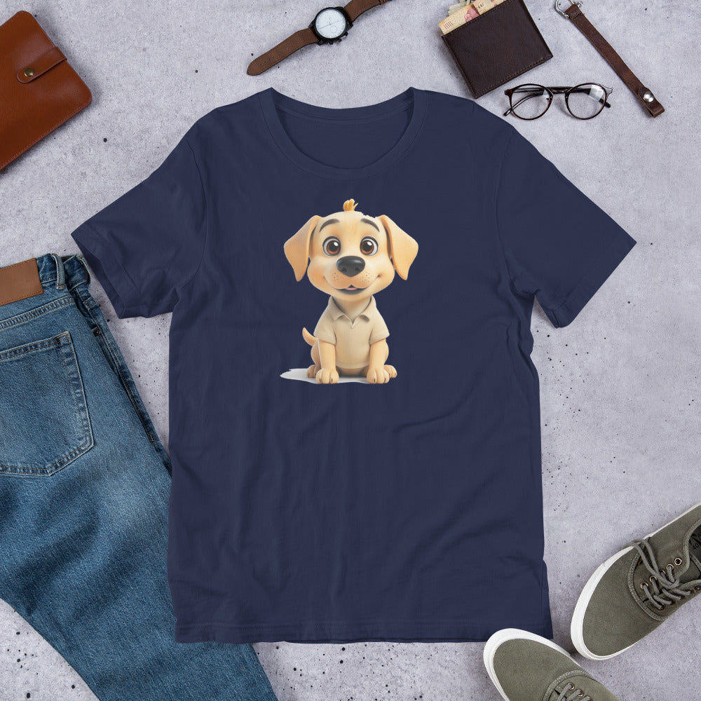 "Smiling Labrador Sitting" - Fun Labrador T-Shirt Navy blue t-shirt with a cartoon dog graphic on a gray surface with jeans, shoes, and accessories.
