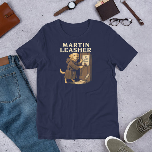 "Martin Leasher" - Fun Labrador T-Shirt Navy blue t-shirt with 'Martin Leasher' graphic on a gray surface with jeans, shoes, and accessories.