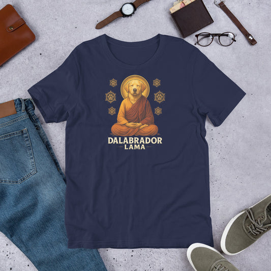 "Dalabrador Lama " – Fun Labrador T-Shirt Navy blue t-shirt with a 'Dalabrador Lama' graphic on a concrete surface with jeans, shoes, and accessories.