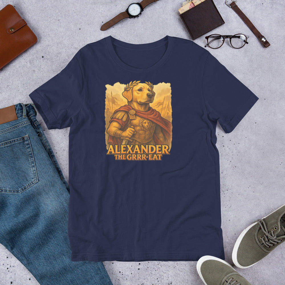 "Alexander The Grrr eat " – Fun Labrador T-Shirt Navy blue t-shirt with 'Alexander the GRRR-REAT' graphic on a concrete surface with casual items.