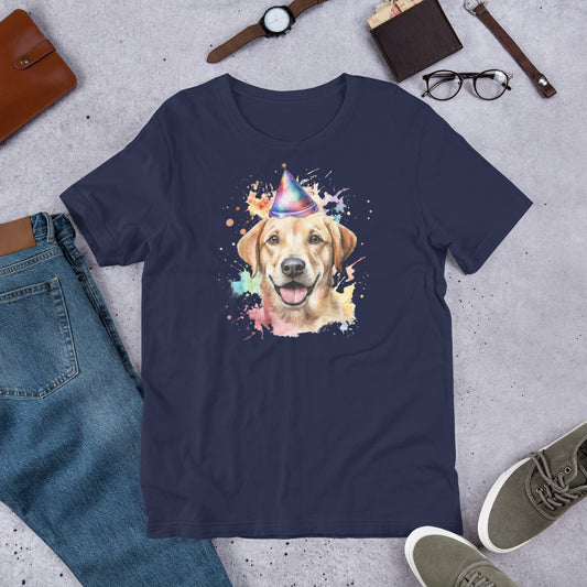 "Party Hat Lab " – Fun Labrador T-Shirt Navy blue t-shirt with a dog wearing a party hat graphic on a gray surface with jeans, shoes, and accessories.