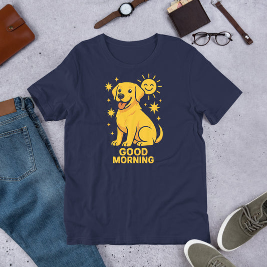 "Good Morning " – Fun Labrador T-Shirt Navy blue t-shirt with a yellow dog graphic and 'Good Morning' text, surrounded by casual items on a concrete surface.