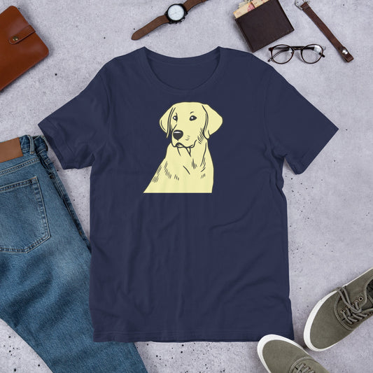 "Labrador Outline " – Fun Labrador T-Shirt Navy blue t-shirt with a yellow dog graphic on a gray surface with jeans, shoes, and accessories.