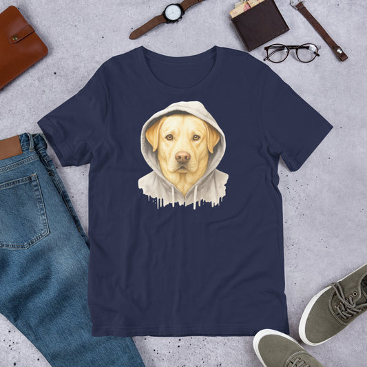 "Yellow Labrador In A Hoodie " – Fun Labrador T-Shirt Navy blue t-shirt with a dog wearing a hoodie graphic on a gray surface with jeans, shoes, and accessories.