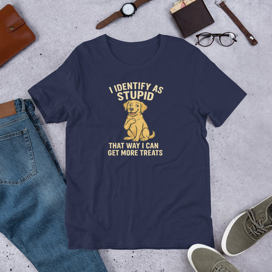 "I Identify As Stupid " – Fun Labrador T-Shirt Navy blue t-shirt with a graphic and text on a concrete surface with casual items around.
