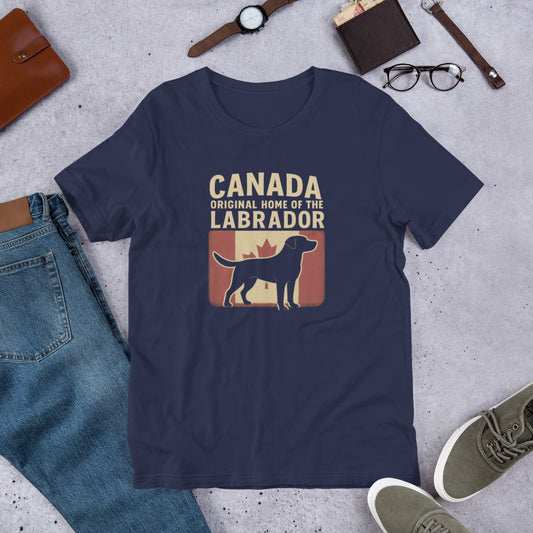 Canada – Original Home of the Labrador - Fun Labrador Tee Navy blue t-shirt with Labrador graphic and text on a concrete surface with jeans, shoes, and accessories.