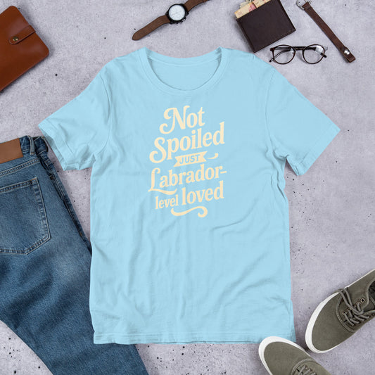 "Not Spoiled Just Labrador Level Loved" - Fun Labrador T-Shirt Light blue t-shirt with yellow text on a gray surface with jeans, shoes, and accessories.