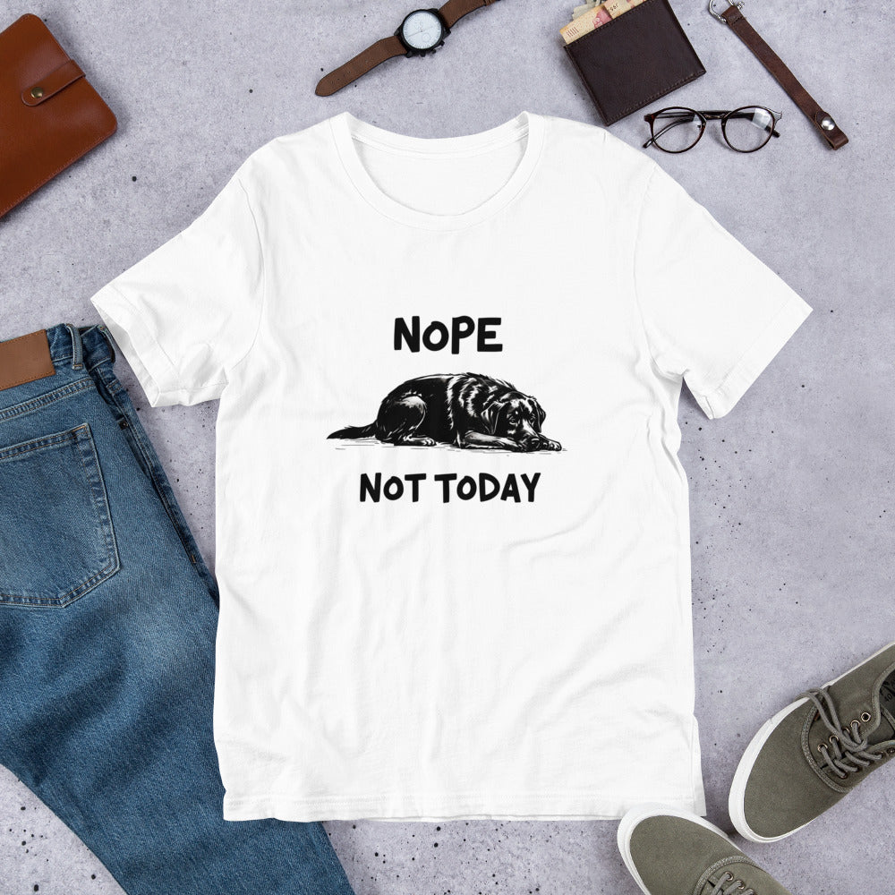 Yellow t-shirt with an illustration of a sleeping black Labrador and the text “Nope Not Today.” Laid out flat with sneakers and accessories. A fun gift for Labrador owners and dog parent apparel fans.