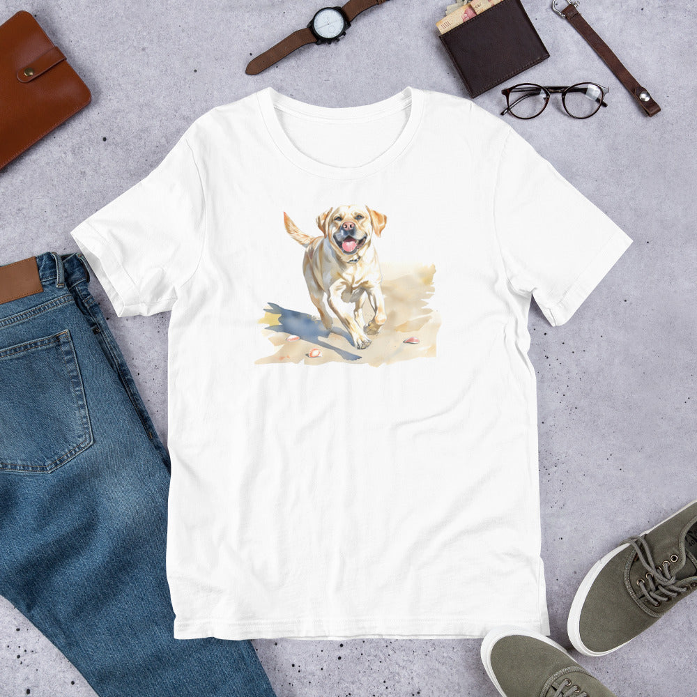 "Lab On A Beach " - Fun Labrador T-Shirt White t-shirt with a dog graphic on a gray surface with jeans, shoes, and accessories.