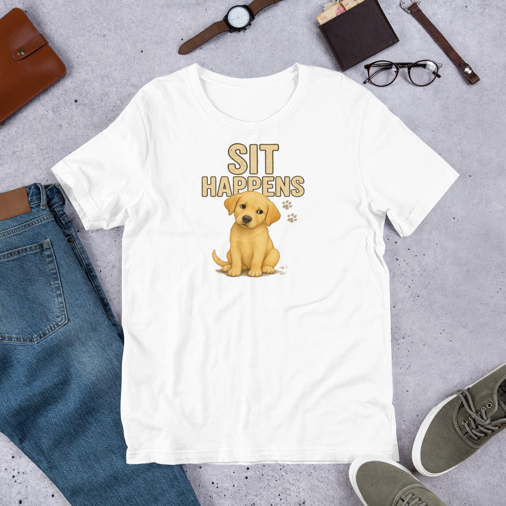 "Sit Happens " – Fun Labrador T-Shirt White t-shirt with a dog graphic and 'Sit Happens' text on a gray surface with jeans, shoes, and accessories.