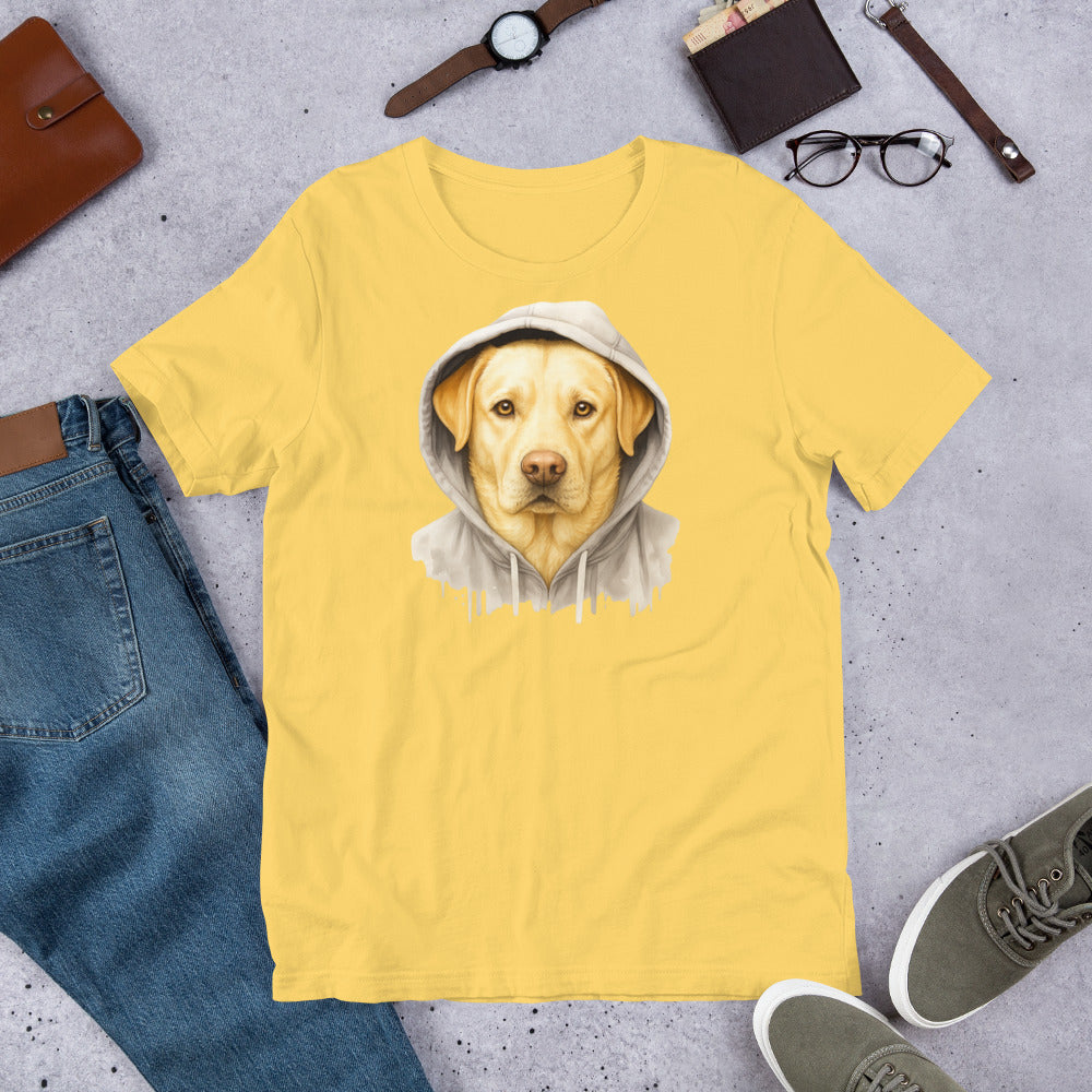 "Yellow Labrador In A Hoodie " – Fun Labrador T-Shirt Yellow t-shirt with a dog in a hoodie graphic on a gray surface with jeans, shoes, and accessories.