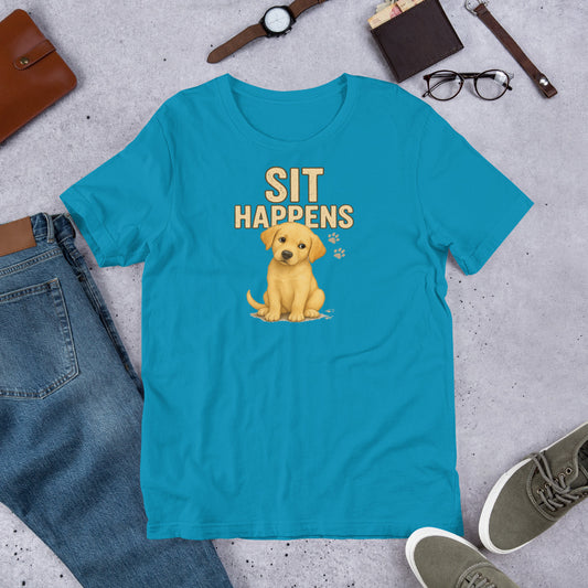 "Sit Happens " – Fun Labrador T-Shirt Blue t-shirt with a yellow dog graphic and 'SIT HAPPENS' text on a concrete surface with casual items.