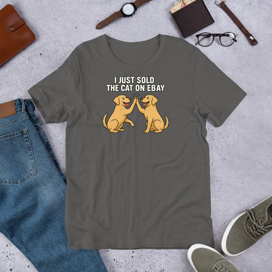 "I Just Sold The Cat On eBay" - Fun Labrador T-Shirt Gray t-shirt with dog graphic and text on a concrete surface with jeans, shoes, and accessories.