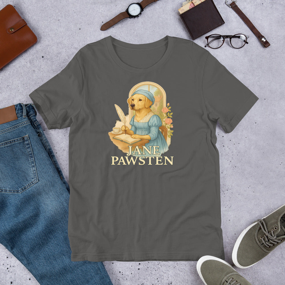 "Jane Pawsten" - Fun Labrador T-Shirt Gray t-shirt with 'Jane Pawsten' design on a concrete surface with jeans, shoes, and accessories.