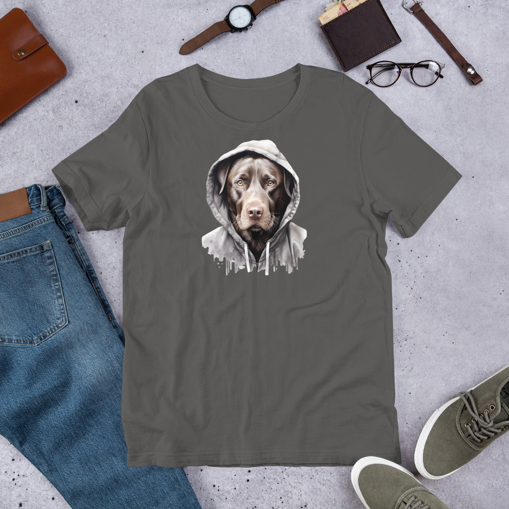 "Brown Lab In A Hoodie " - Fun Labrador T-Shirt Gray t-shirt with a dog wearing a hoodie graphic, surrounded by jeans, shoes, and accessories on a concrete surface.