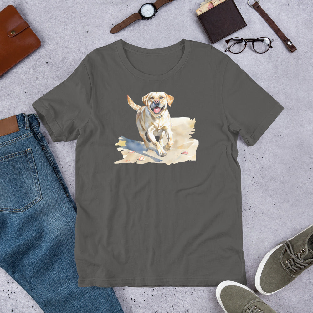 "Lab On A Beach  " - Fun Labrador T-Shirt Gray t-shirt with a dog graphic on a concrete surface with jeans, shoes, and accessories.