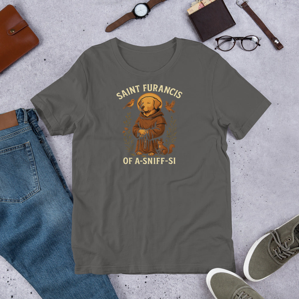 "Saint Furances Of A-Sniff-Si " – Fun Labrador T-Shirt Gray t-shirt with 'Saint Furancis of a-Sniff-si' graphic on a concrete surface with jeans, shoes, and accessories.