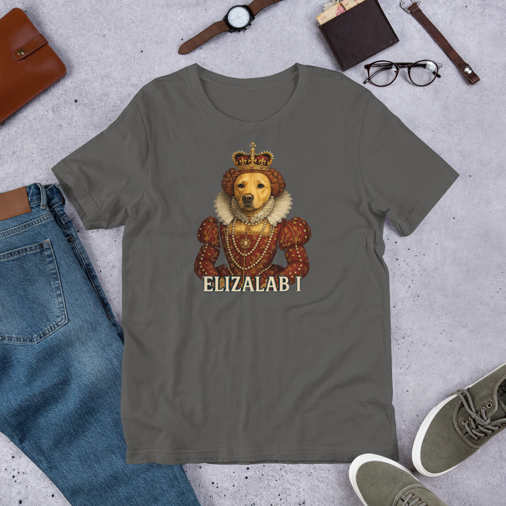 "Elizalab 1 " – Fun Labrador T-Shirt Gray t-shirt with a bear graphic and 'ELIZALAB I' text, surrounded by jeans, shoes, and accessories on a concrete surface.