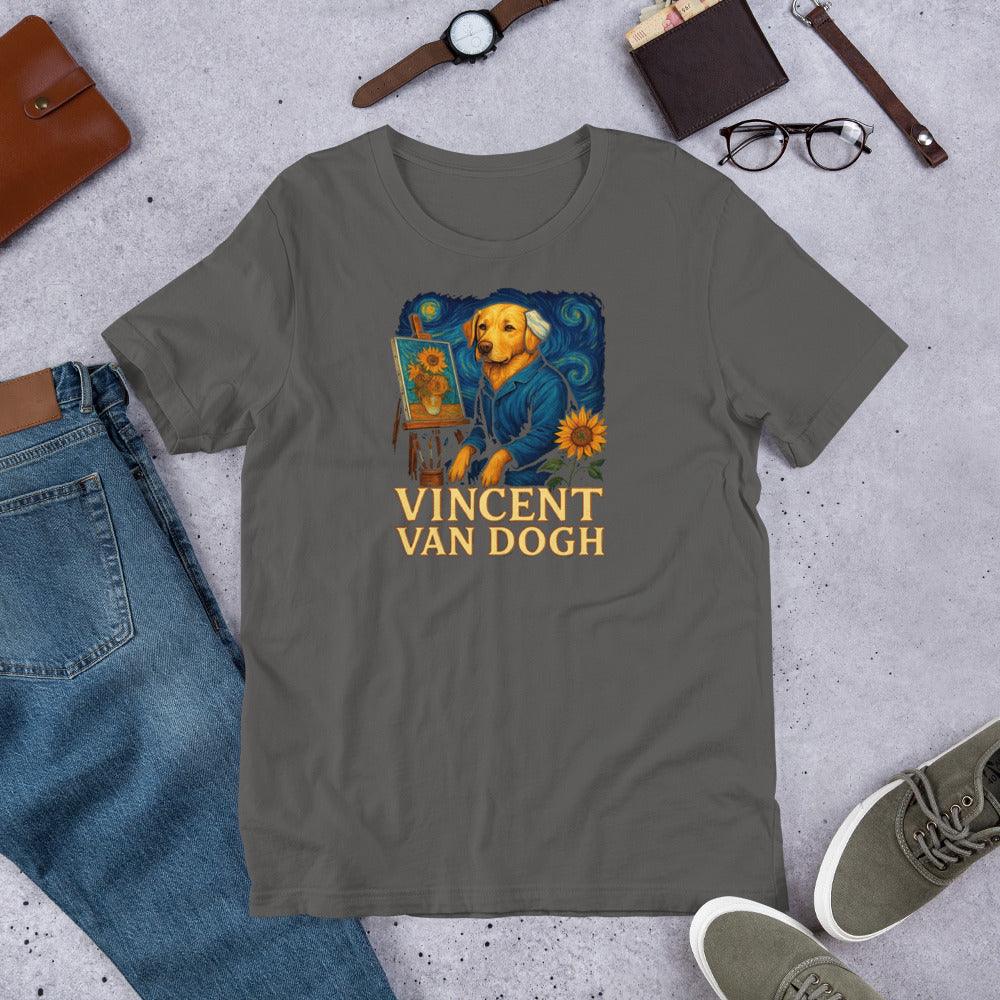"Vincent Van Dogh " – Fun Labrador T-Shirt Gray t-shirt with a dog inspired by Van Gogh on a concrete surface with jeans, shoes, and accessories.