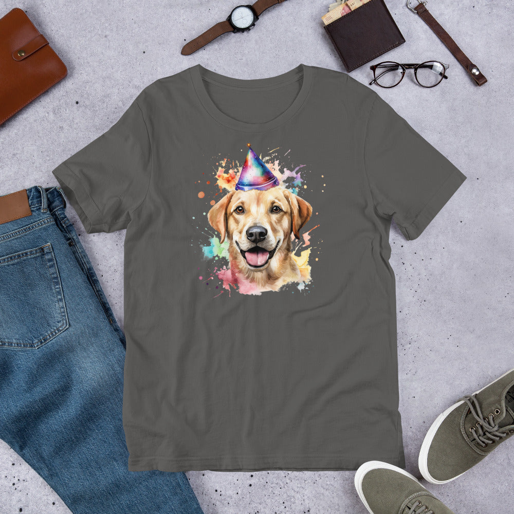"Party Hat Lab " – Fun Labrador T-Shirt Gray t-shirt with a dog wearing a party hat graphic on a concrete surface with jeans, shoes, and accessories.
