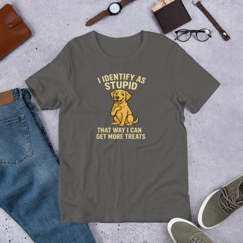 "I Identify As Stupid " – Fun Labrador T-Shirt Gray t-shirt with a humorous dog graphic and text on a concrete surface with casual items.