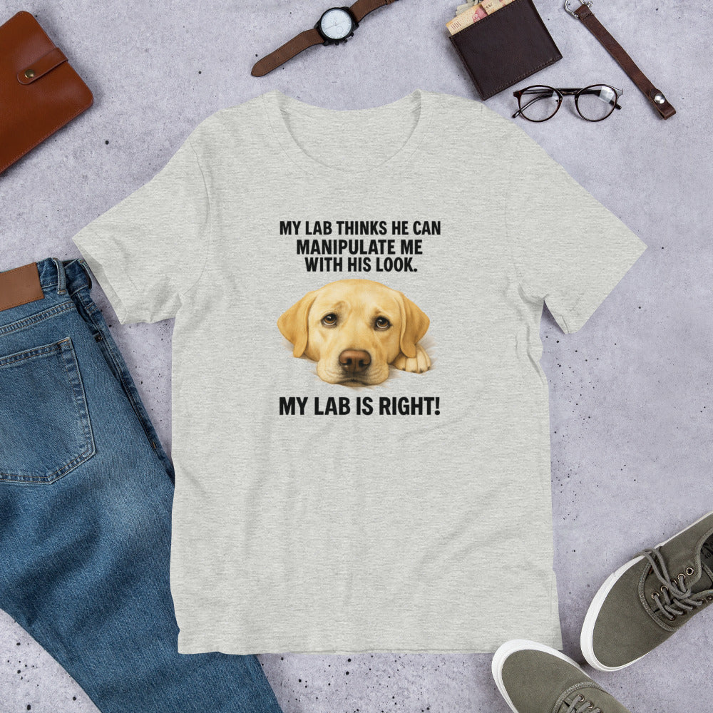 "My Dog Thinks" - Yellow Lab - Fun Labrador T-Shirt Gray t-shirt with a labrador graphic and text on a concrete surface with jeans, shoes, and accessories.