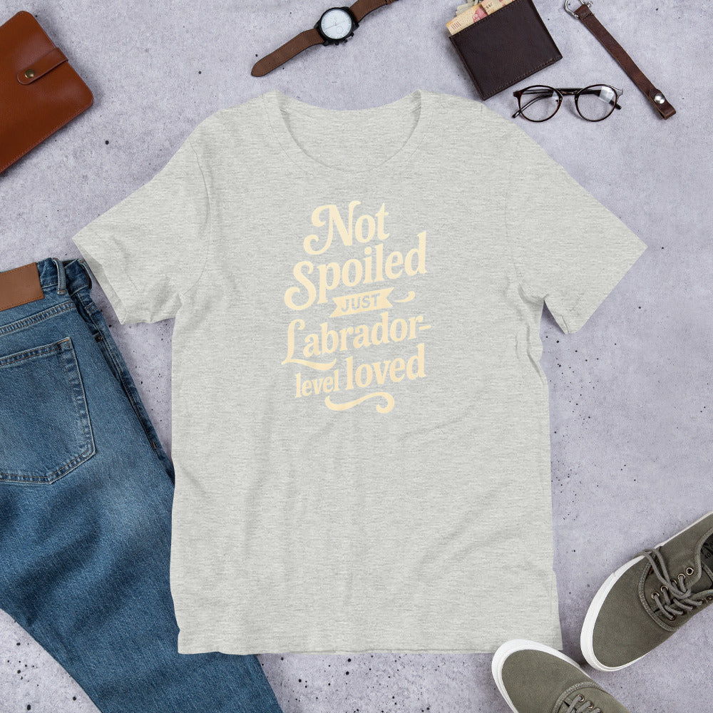 "Not Spoiled Just Labrador Level Loved" - Fun Labrador T-Shirt Gray t-shirt with yellow text on a gray surface with jeans, shoes, and accessories.
