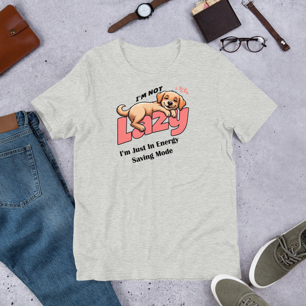 "I'm Not Lazy" - Fun Labrador T-Shirt Gray t-shirt with a dog graphic and text on a gray surface with jeans, shoes, and a wallet.