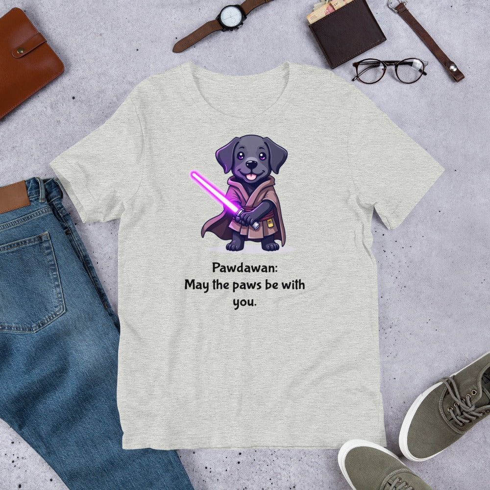 "Pawdawan  " - Fun Labrador T-Shirt Gray t-shirt with a dog graphic and text on a concrete surface with casual items.
