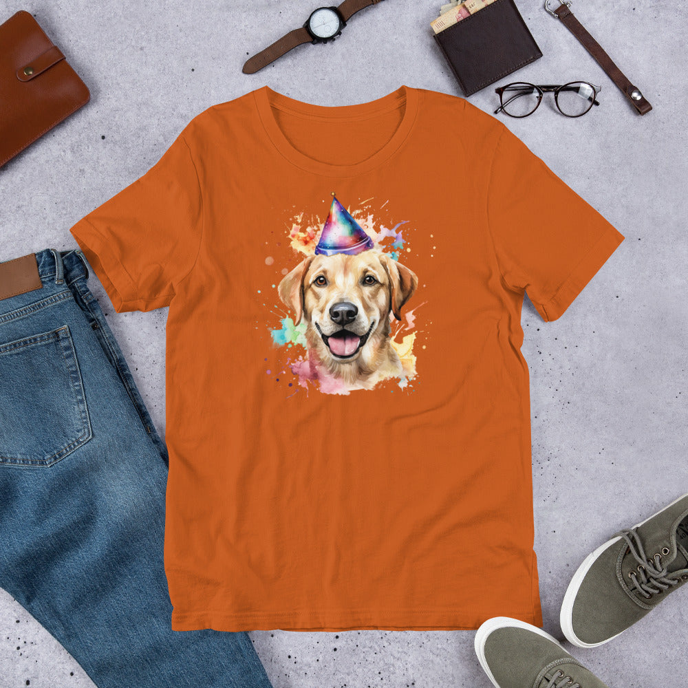 "Party Hat Lab " – Fun Labrador T-Shirt Orange t-shirt with a dog wearing a party hat graphic, surrounded by jeans, shoes, and accessories on a concrete surface.