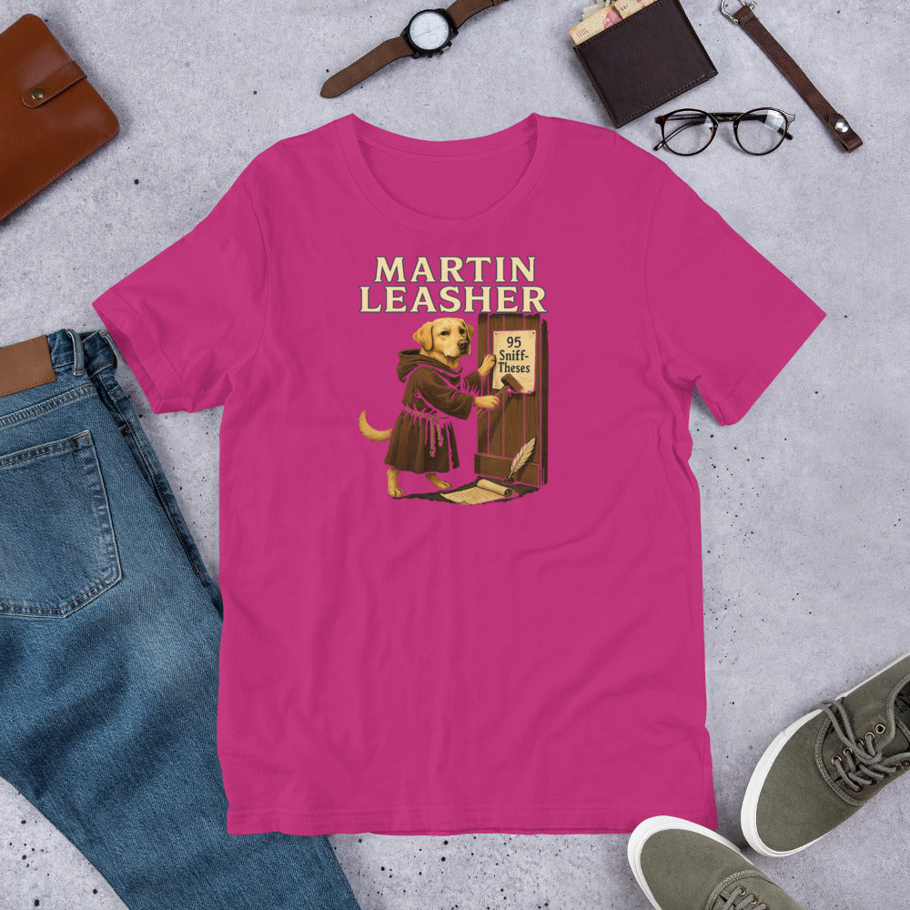 "Martin Leasher" - Fun Labrador T-Shirt Pink t-shirt with 'Martin Leasher' graphic on a gray surface with casual items around